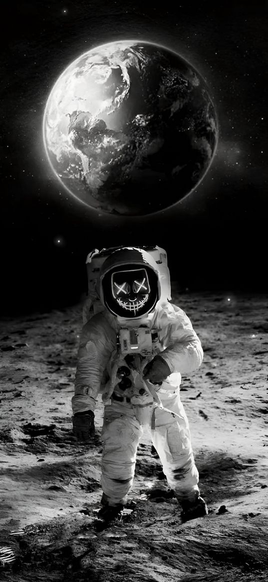 cosmonaut, mask, moon, black and white