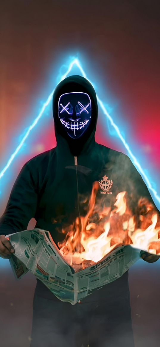 mask, newspaper, fire, hood, triangle