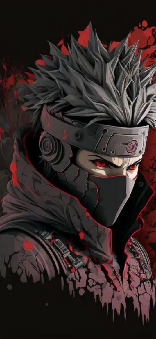 kakashi hatake, naruto, anime, character, red, dark, art