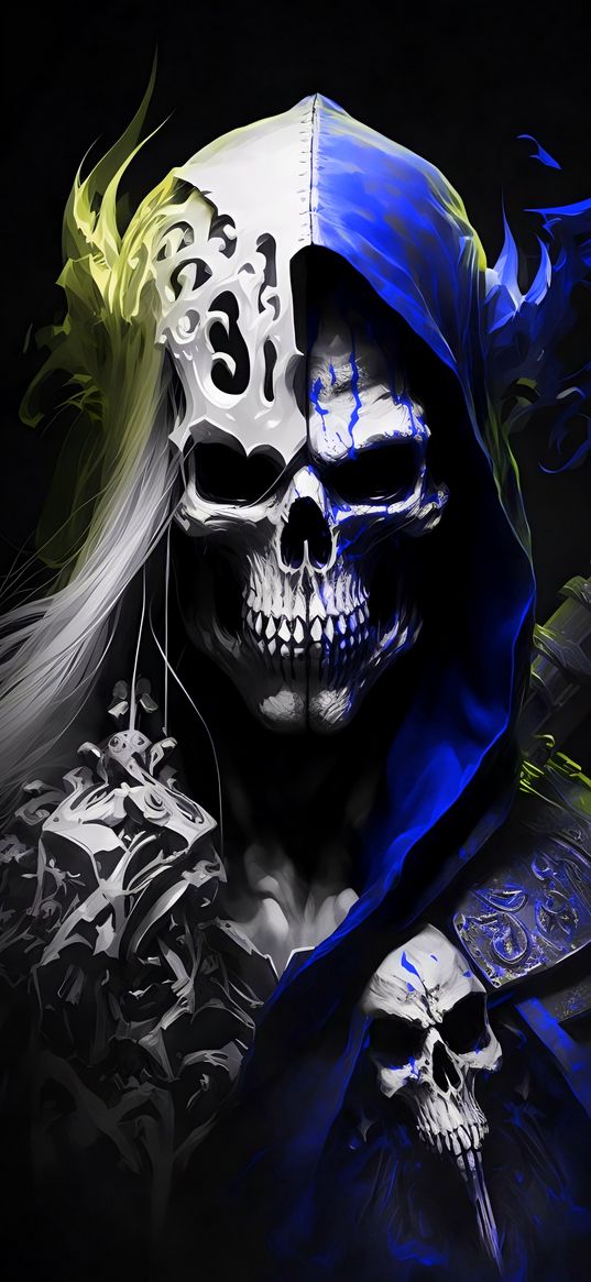 skull, black, digital art, hood