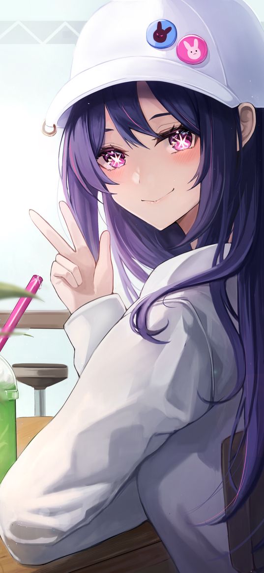 anime girls, anime, purple hair, cap, pink eyes