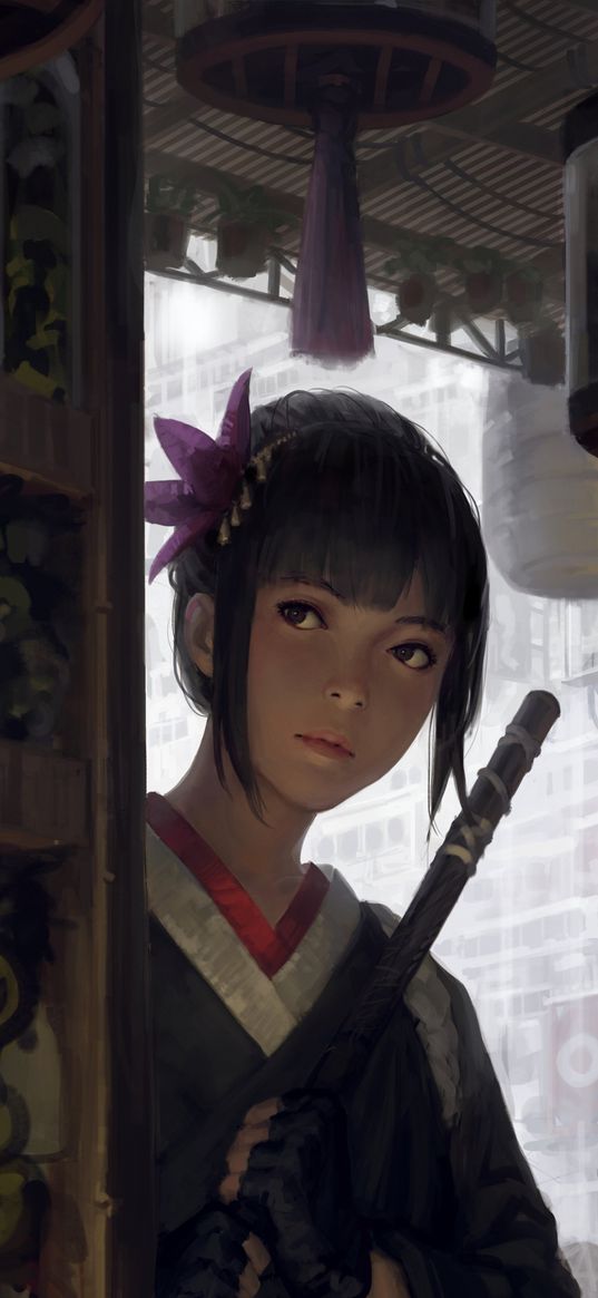 woman, katana, brunette, kimono, drawing, fantasy girl