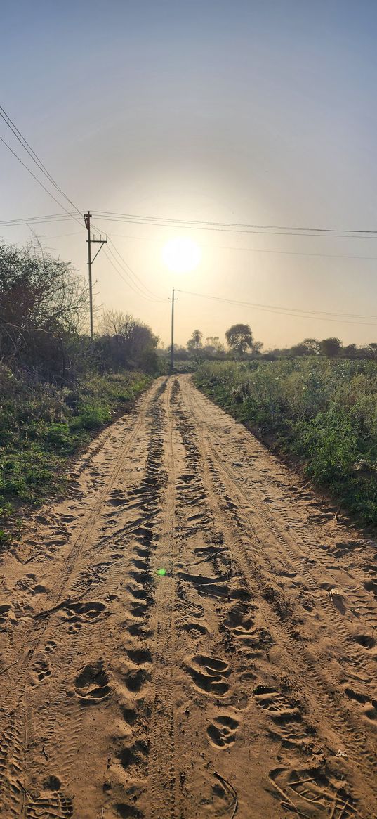 village, road, sunset, trails, hike, footprints, countryside