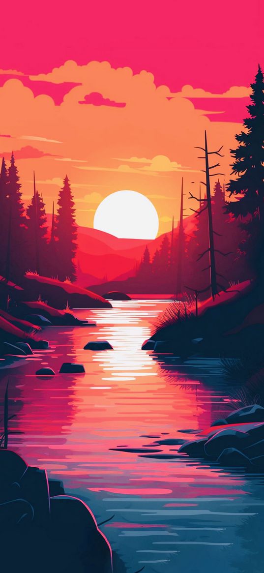 scenery, water, sun, sunset, art