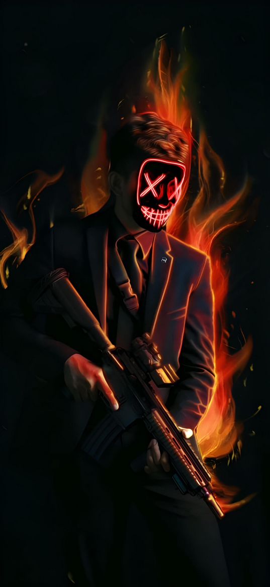 mask, fire, guy, weapon, flame