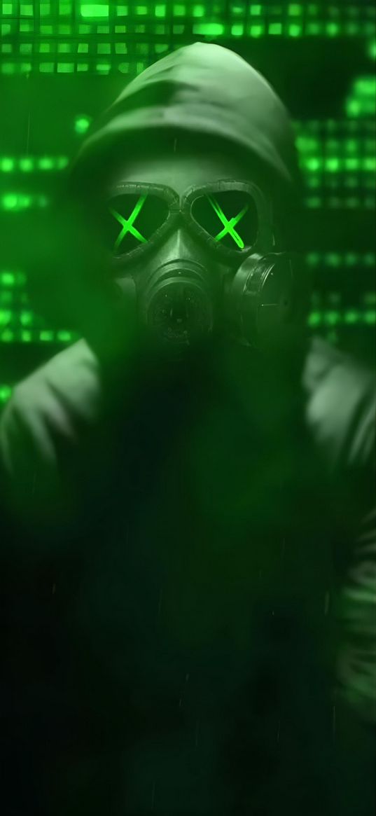 gas mask, hood, code, hacker