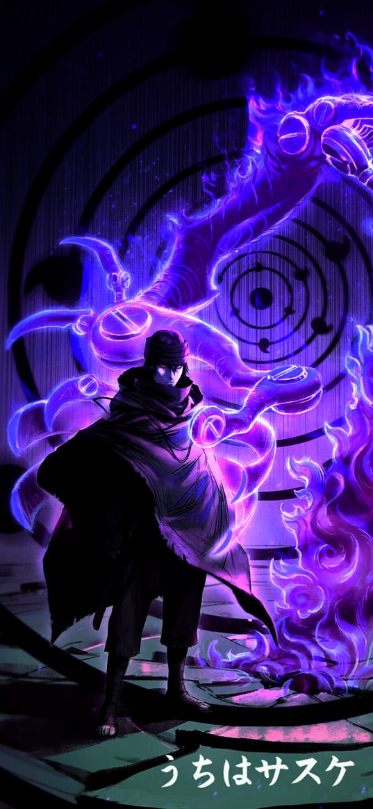 sasuke uchiha, naruto, anime, character, guy, warrior, paw, claws, magic, hieroglyphs, purple, art