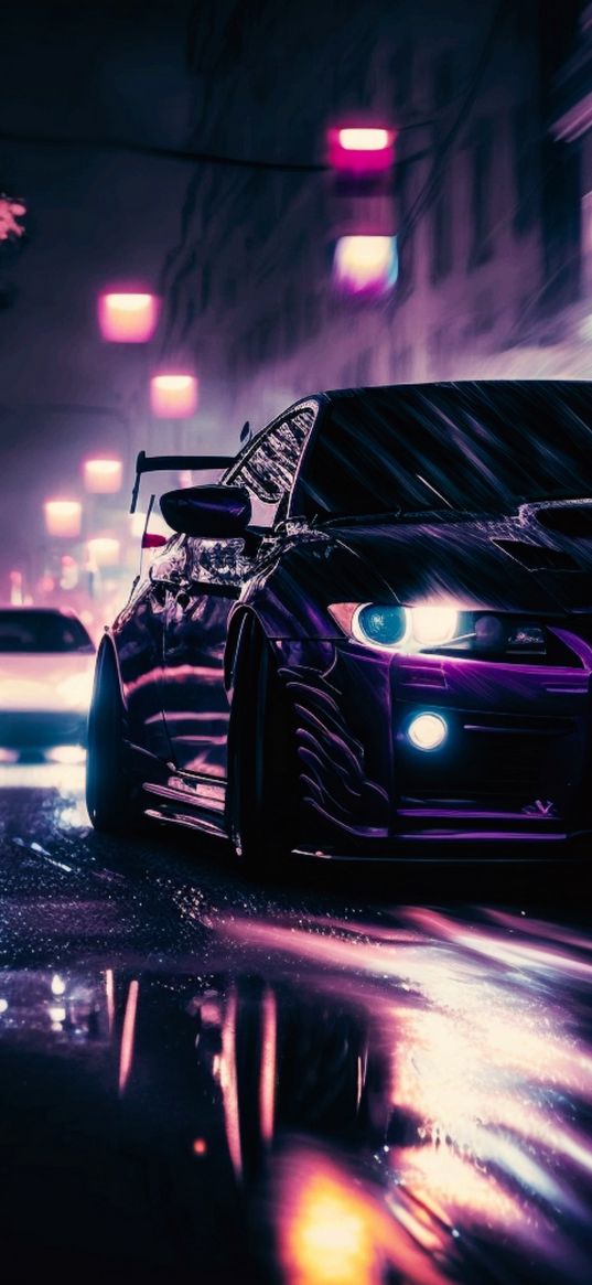 sports car, car, jdm, tuning, neon, lights, road, street, night, purple, ai, art