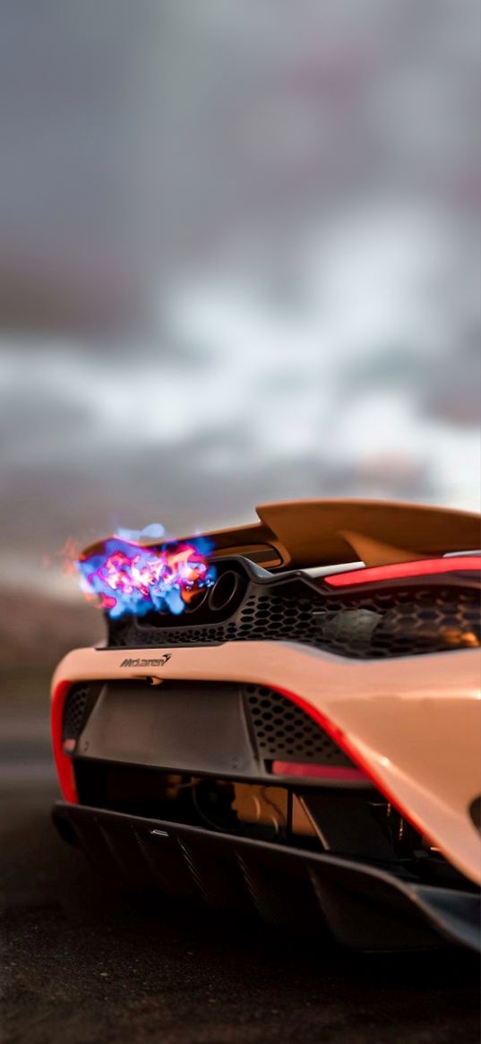 mclaren, sports car, car, exhaust, flame, fire