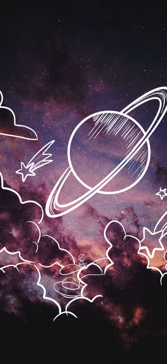 saturn, stars, alien, clouds, sky, sunset, space, drawing, art