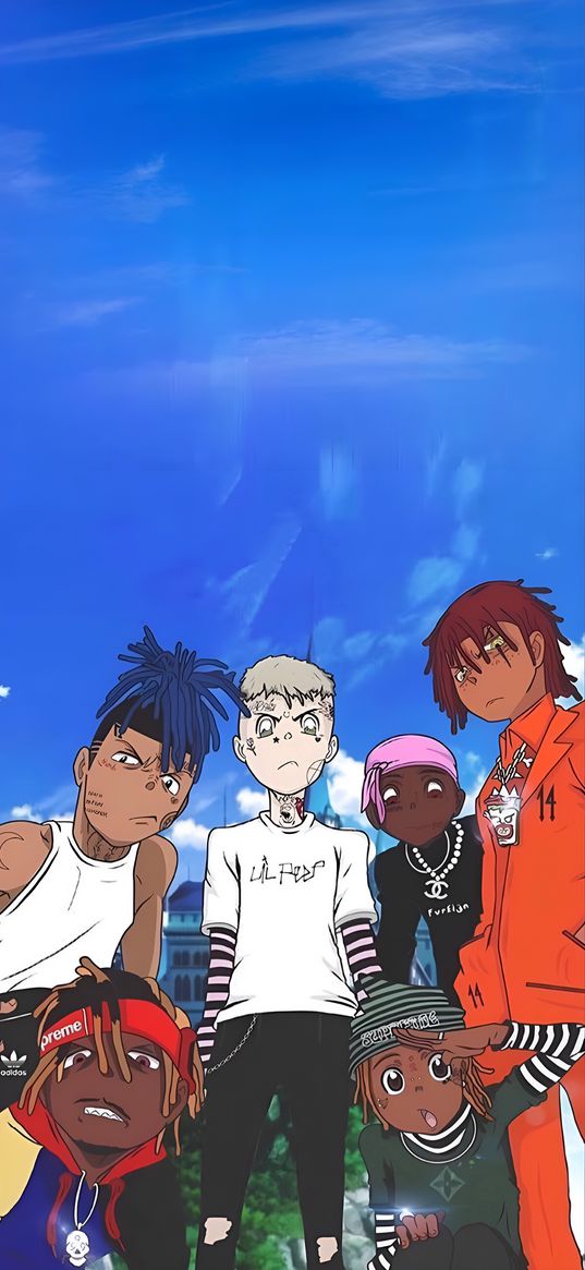 xxxtentacion, lil peep, juice wrld, ski mask, trippie redd, lil uzi vert, rappers, guys, trendy, cool, street, sky, anime, art