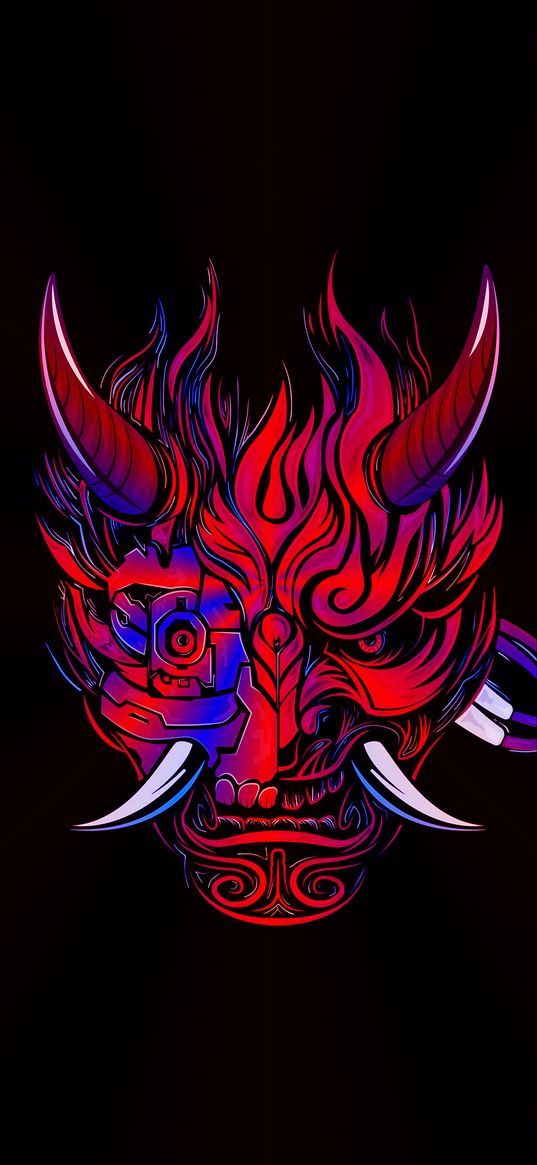 mask, demon, horns, implant, cyberpunk, red, blue, art