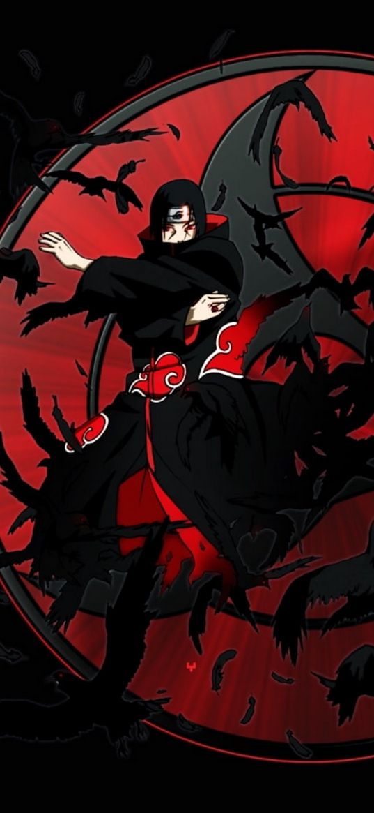 itachi uchiha, naruto, anime, crows, sharingan, red, black, art