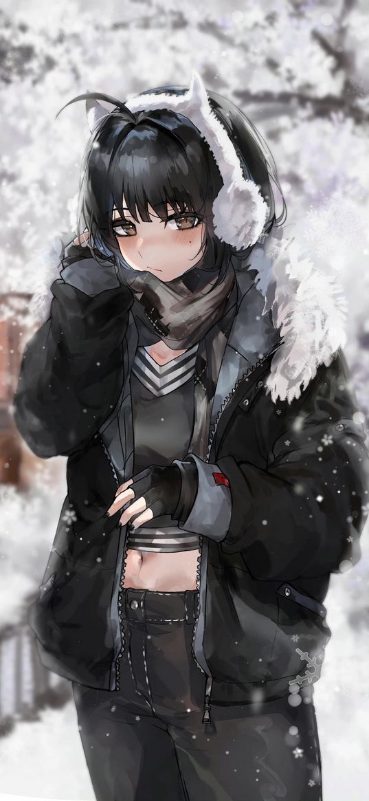 girl, anime, black hair, headphones, snow, art