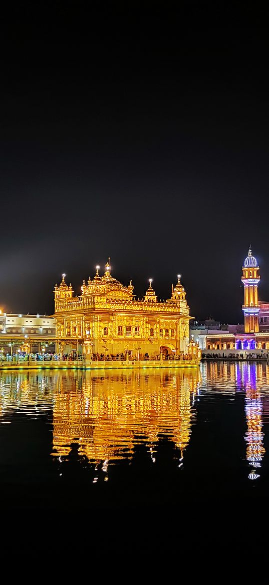 temple, golden, pond, night, lights, reflection