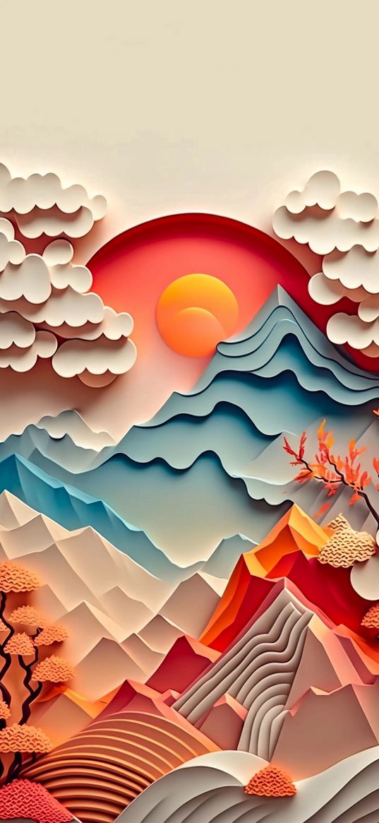 mountains, trees, sky, clouds, sun, sunset, 3d, art