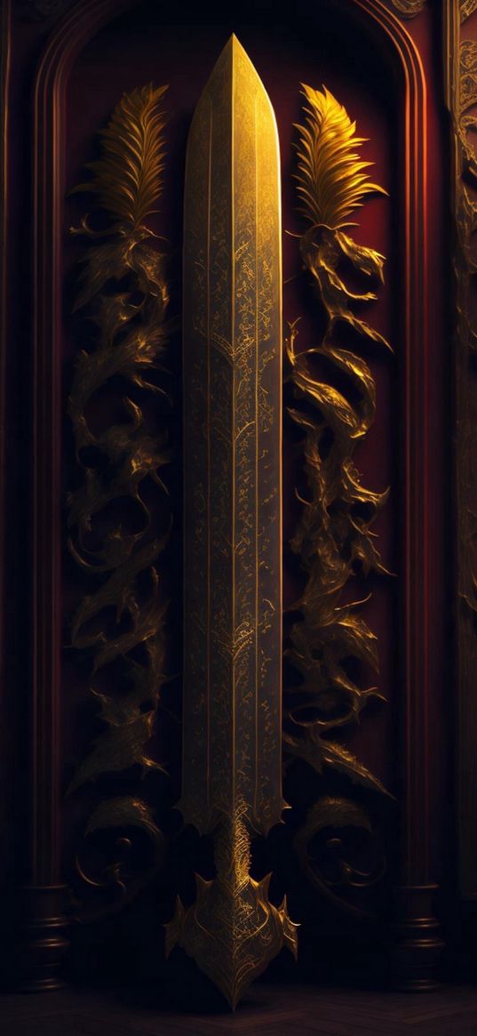 sword, golden, patterns, dark