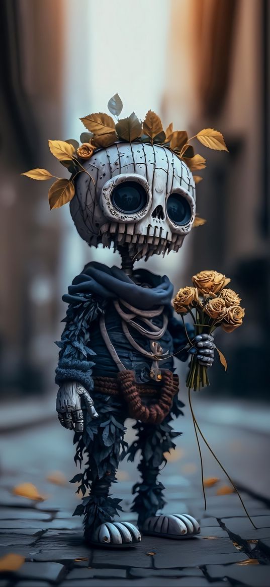 skeleton, art, digital, leaves, bouquet