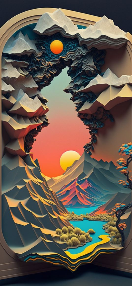 sun, moumtain, art, 3d