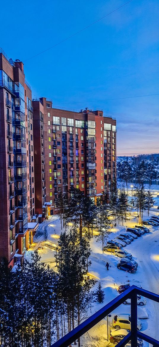 winter in the city, night lights, street, snow