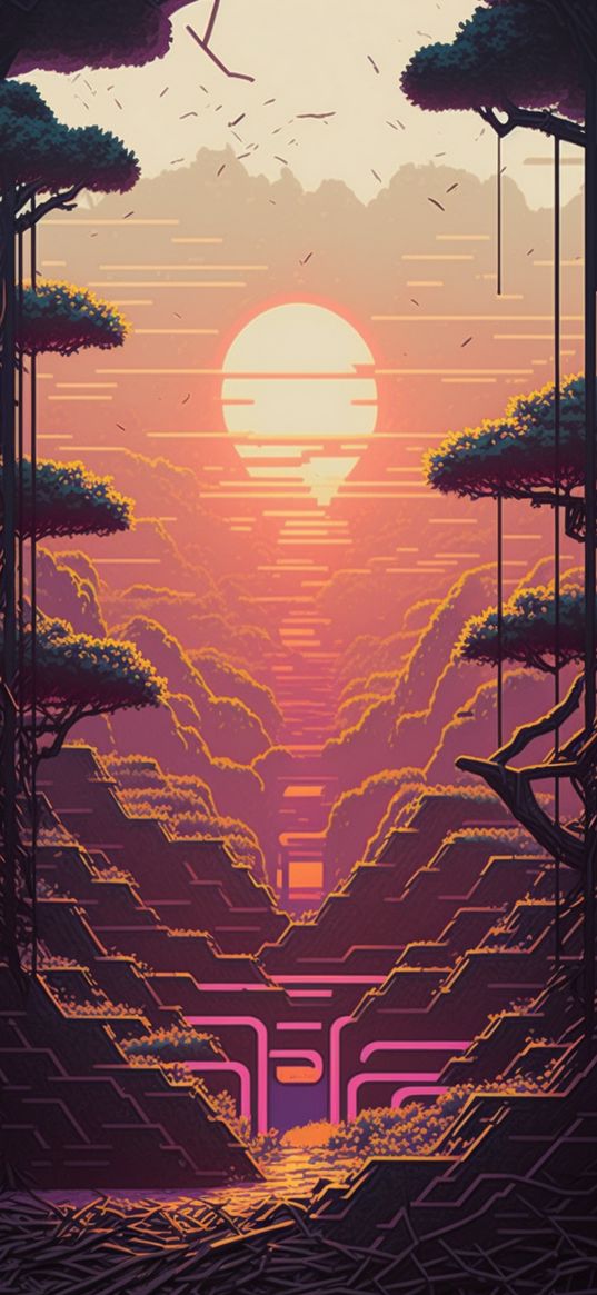 sun, pixel, art, trees