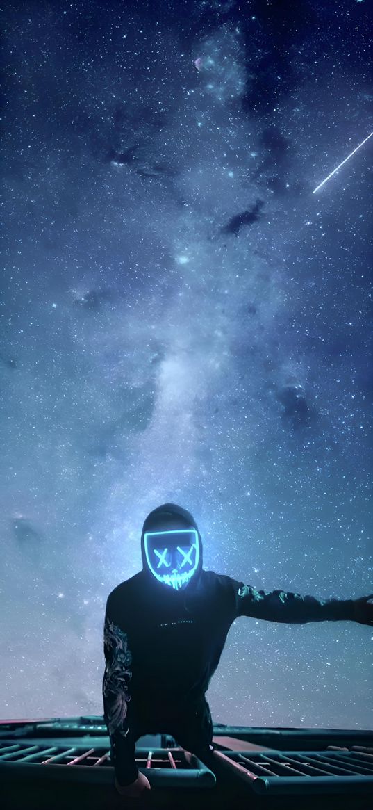 space, mask, hood, stars, skyscraper