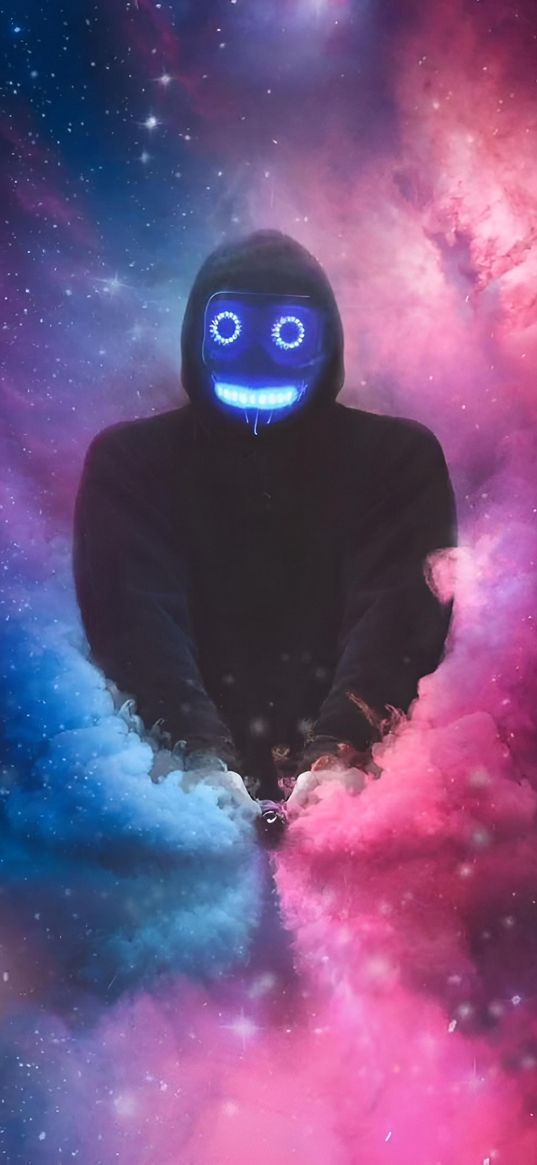 mask, hood, smoke bomb, space, smoke, blue, pink