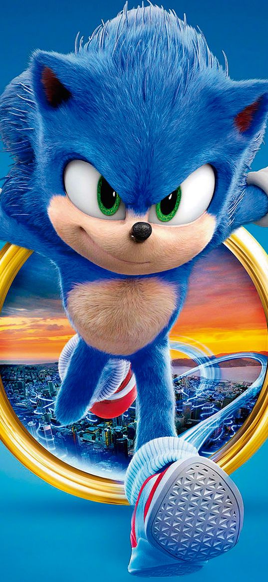 sonic, movie, hedgehog, ring, city, blue, poster, art