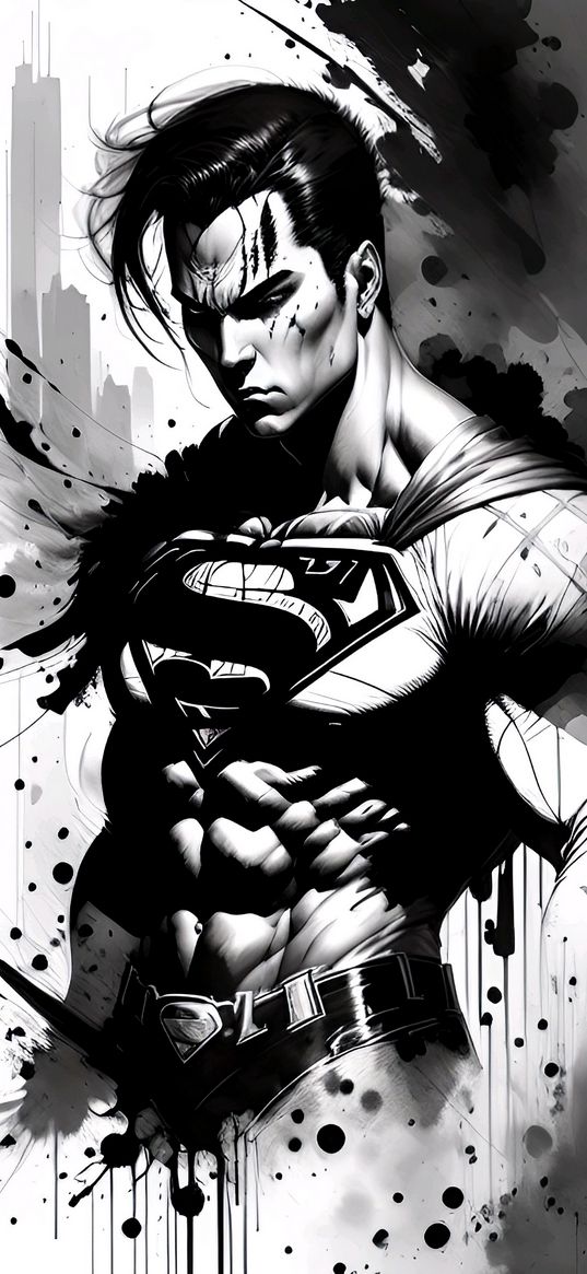 superman, superhero, dс, blots, ink, black and white, ai, art