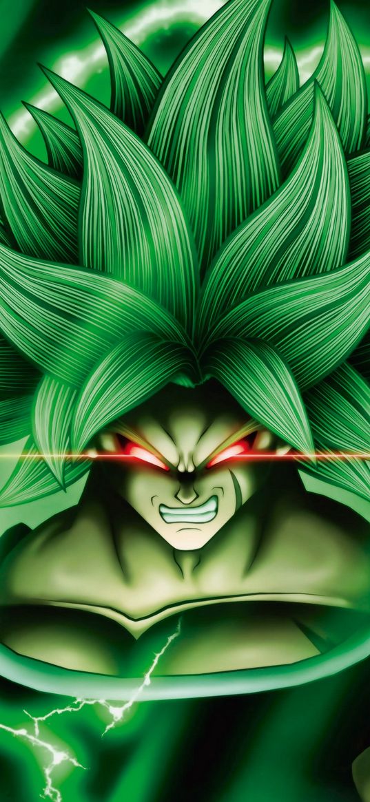 broly, dragon ball, anime, character, fighter, red eyes, green, art