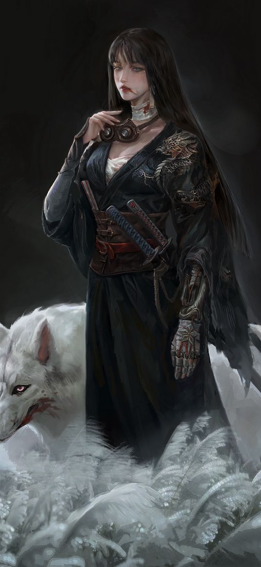 samarai, girl, kimono, wolf, katanas, fantasy, anime, art