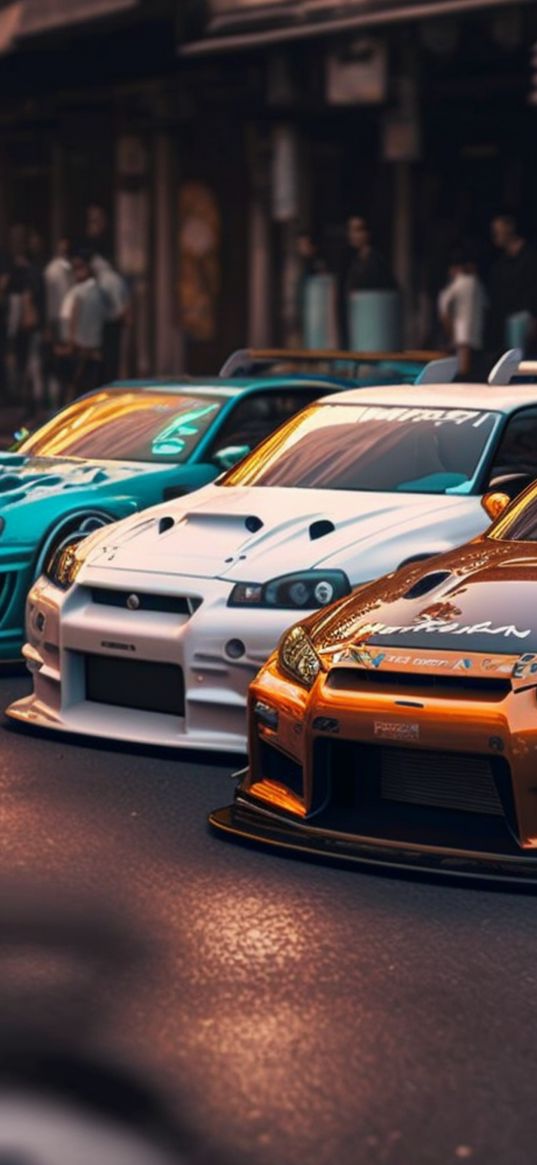 cars, sportcars, city, street, white, blue, gold