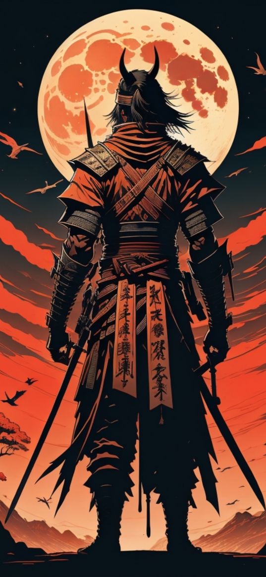 samurai, warrior, swords, horns, moon, mountains, art, red, black