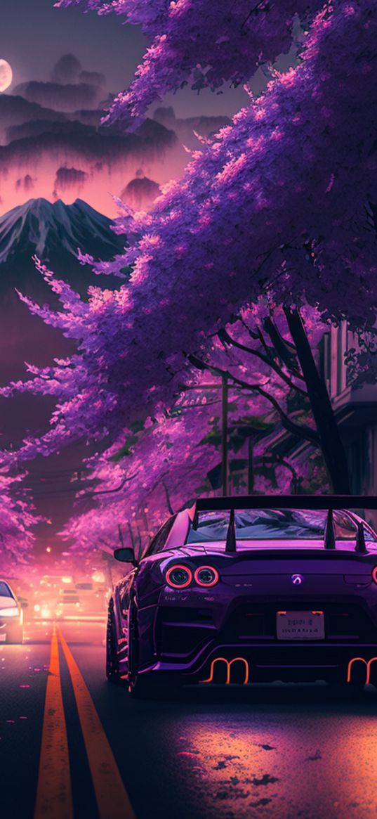 car, road, mount fuji, sakura, tree, moon, purple