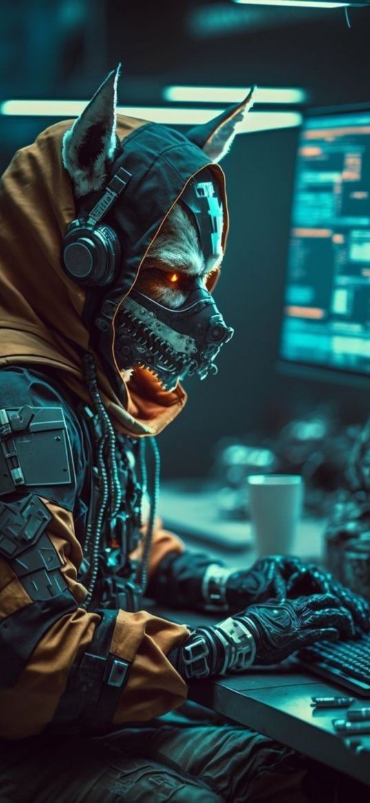 wolf, mask, muzzle, glow, cyberpunk, computer, code