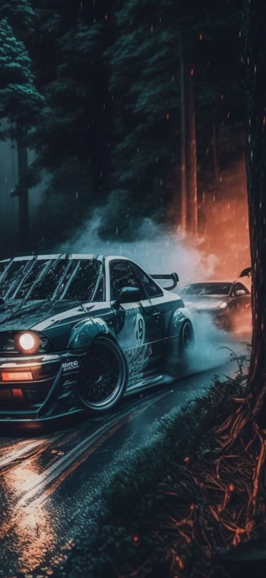 car, road, drift, speed, trees, forest, night