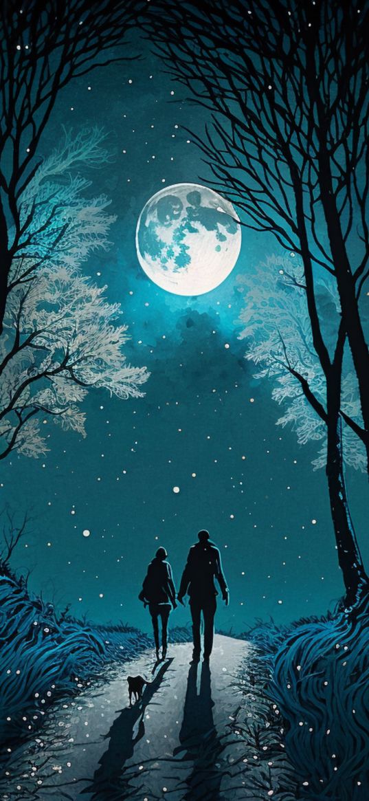 couple, dog, trees, forest, moon, night, art