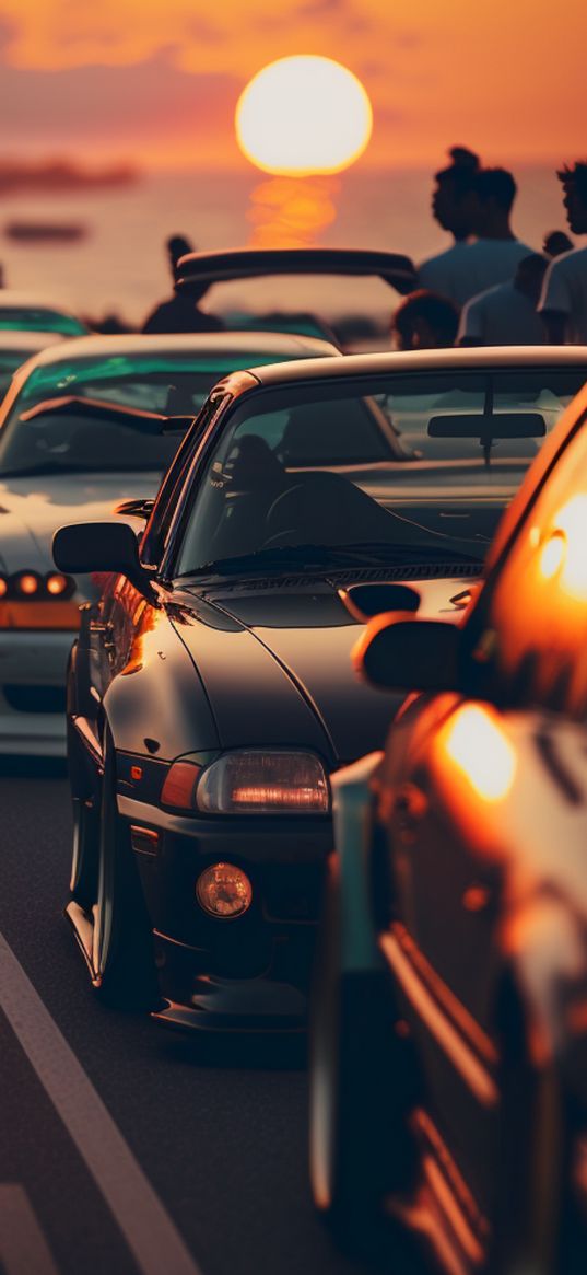 cars, road, street, sunset, sun, bright