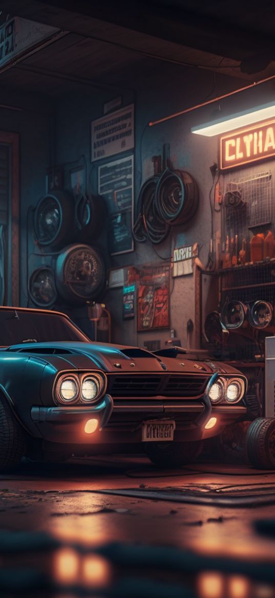 car, vintage, garage, tires, light