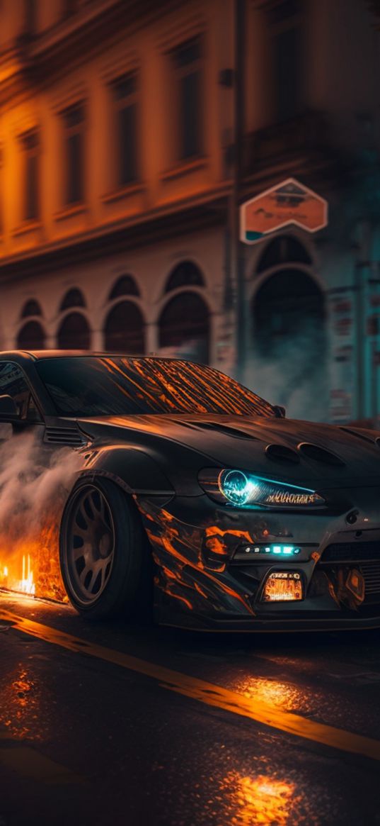 car, smoke, tuning, city, street, speed, night