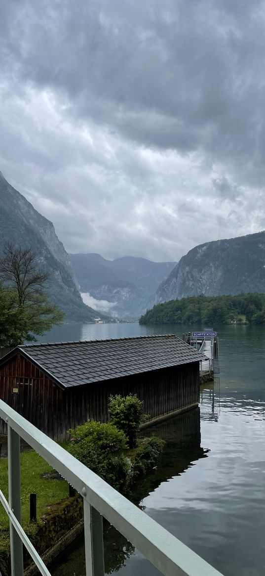 lake, mountains, trees, house, overcast, nature