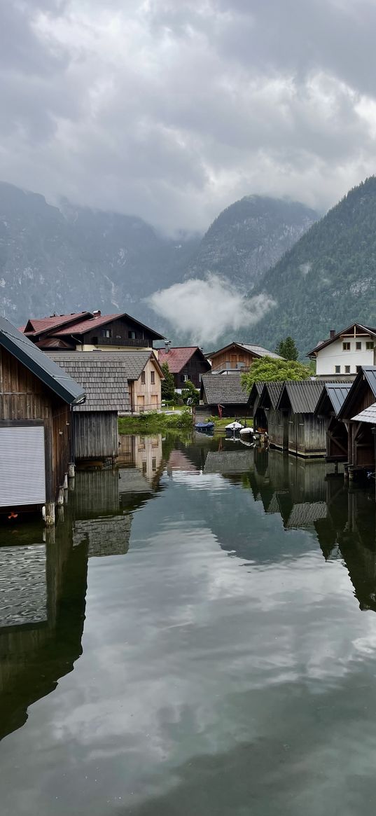 lake, village, houses, mountains, hills, overcast, nature