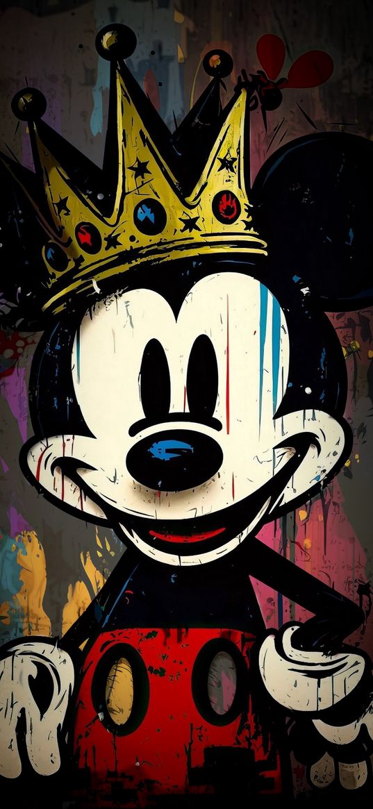 mickey mouse, disney, character, crown, paint, drop