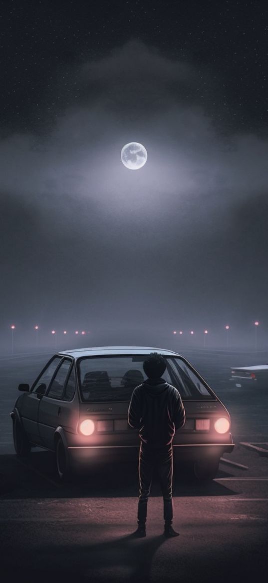 car, guy, road, moon, glow, night