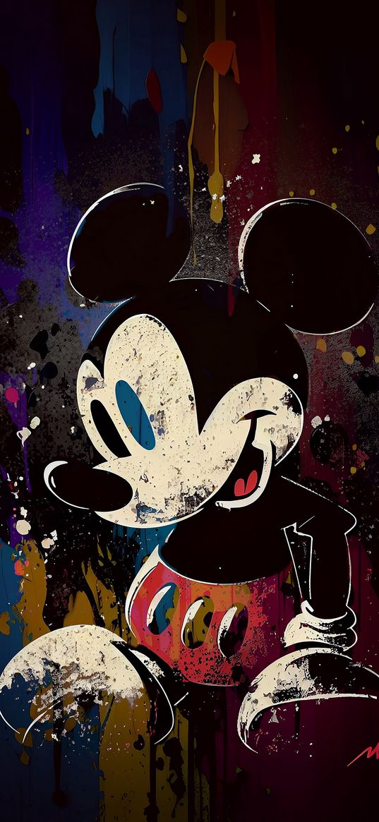 mickey mouse, disney, character, paint, drops, dark