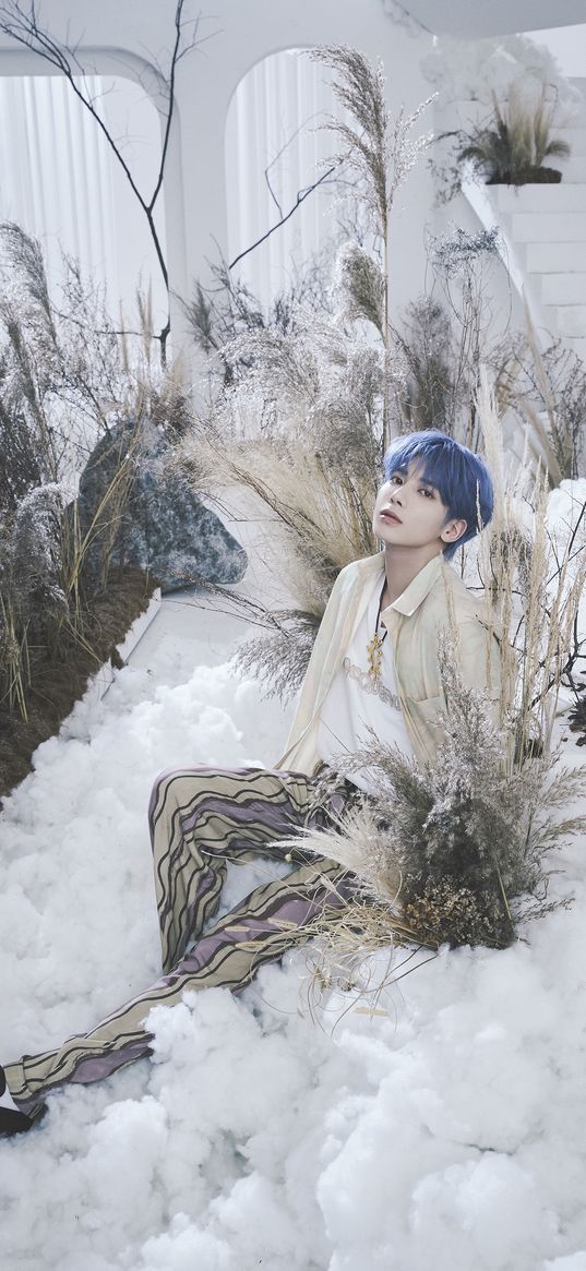 taehyun, korean, boy, k-pop, singer, blue hair, plants, fluff