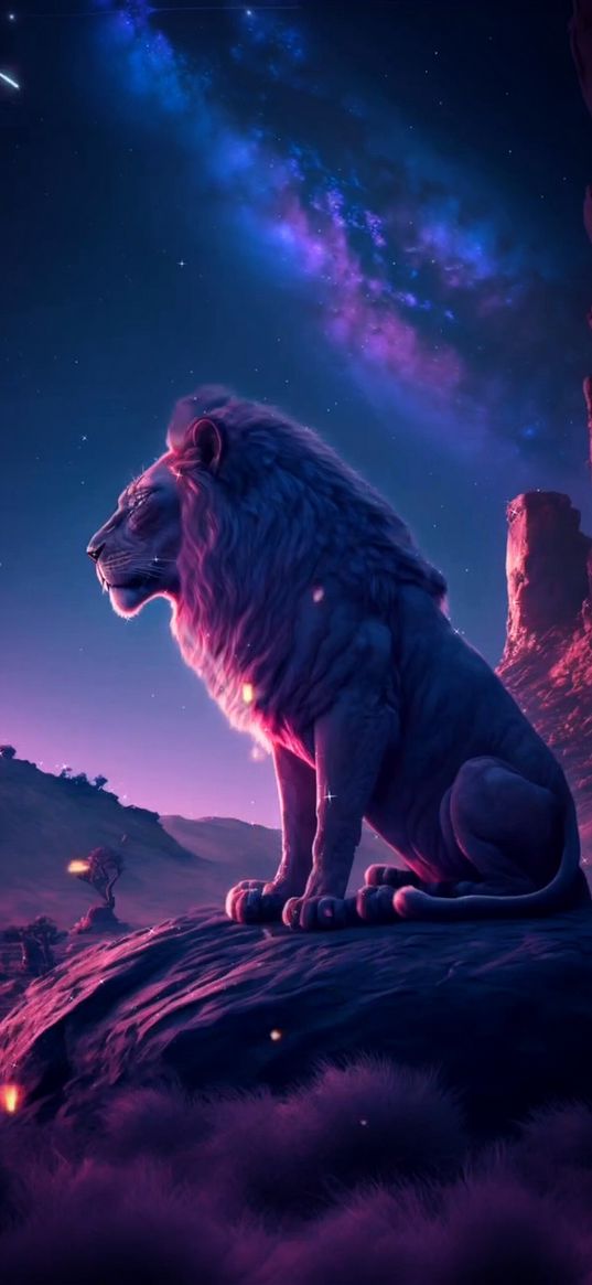 lion, predator, animal, space, night, rock, art