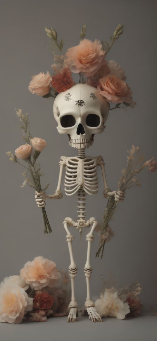 flowers, skeleton, art, bones