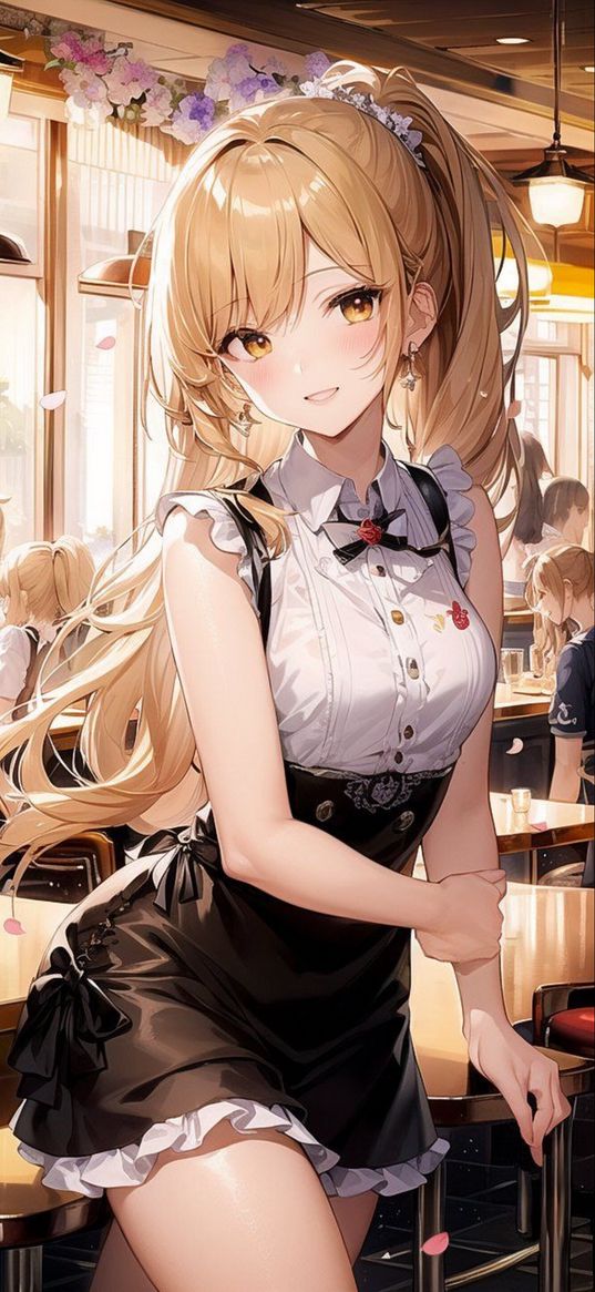 girl, anime, waiter, cafe