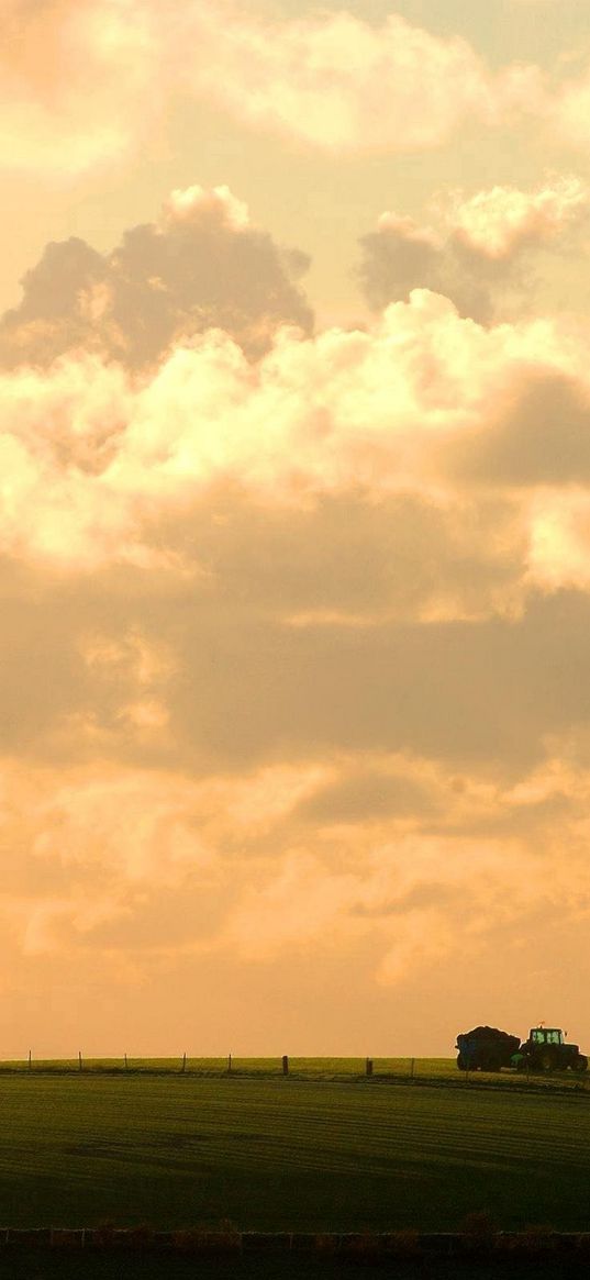 sky, clouds, tractor, field, village